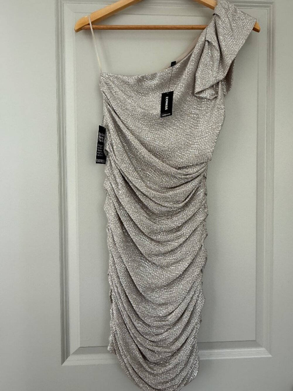 Express One-Shoulder Ruched Metallic Party Dress - Champagne Silver
